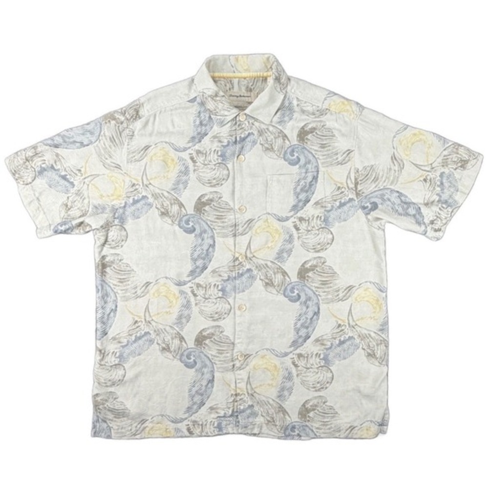 Tommy‎ Bahama Men's L Original Fit Silk Shirt Wave Nautical Short Sleeve Button
